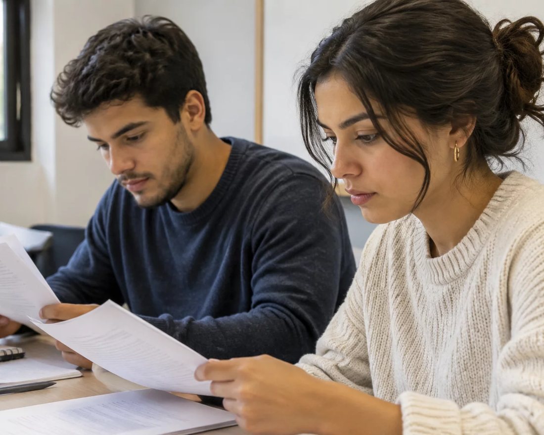 Dupla discute em pé entre as estantes de uma biblioteca, cada um sustentando o seu ponto