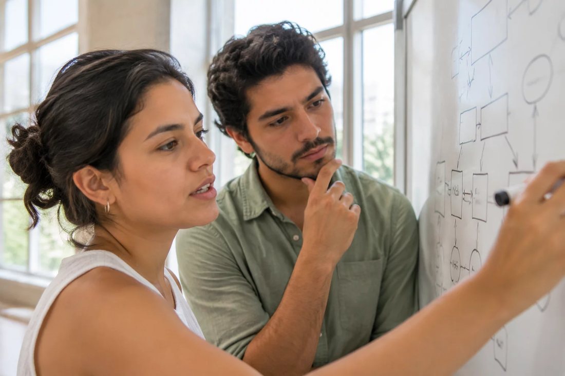 Facilitadora aponta para um mapa de argumento desenhado no quadro branco enquanto um participante acompanha